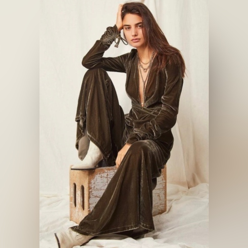Free People Effortless Crush Velvet Plunge Neck Flare Wide Leg Jumpsuit NEW